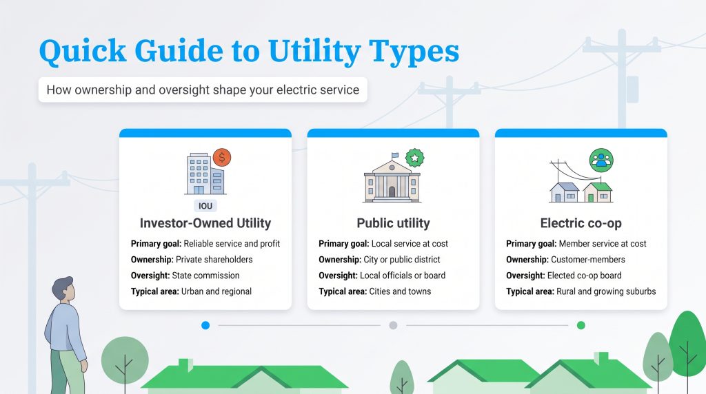 Comparison of investor-owned, public, and electric co-op utility types