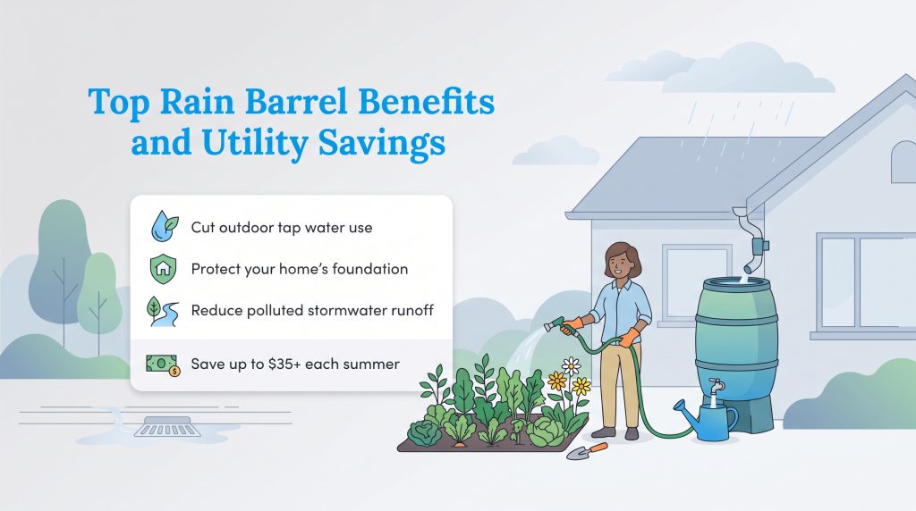 Woman watering a garden using a rain barrel connected to a home gutter downspout.
