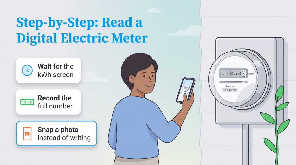 Illustration of a person taking a photo of a digital electric meter with a smartphone.