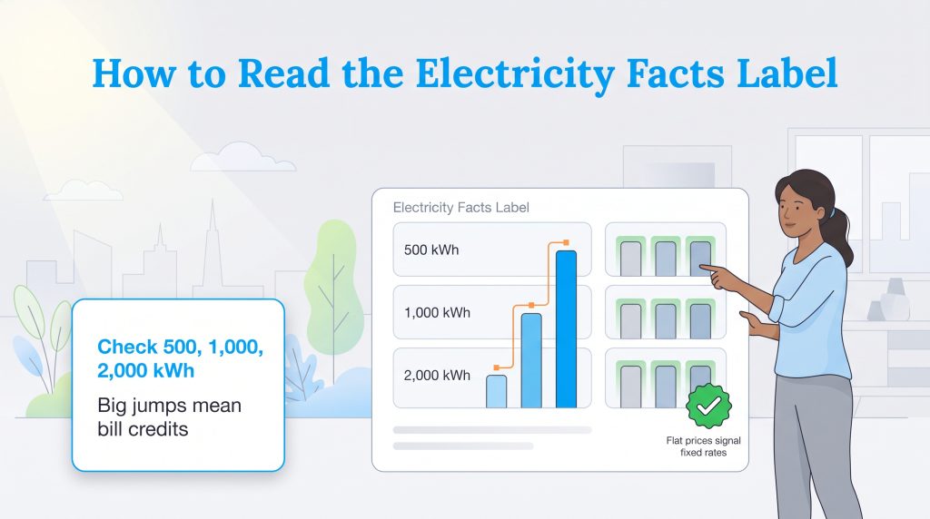 Guide on reading an Electricity Facts Label comparing bill credit plans to fixed rate plans