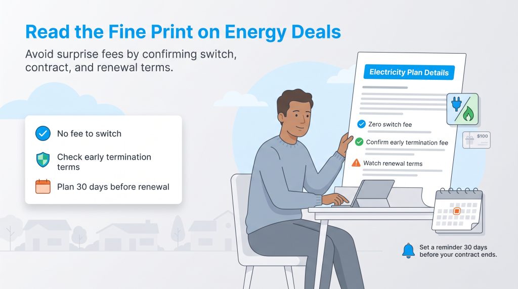 Illustration of a man reviewing an electricity contract to avoid surprise fees.