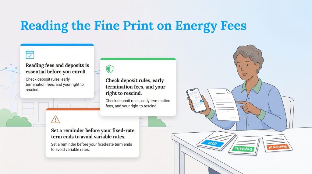 An illustration of a person reviewing energy contract terms, deposits, and fees.