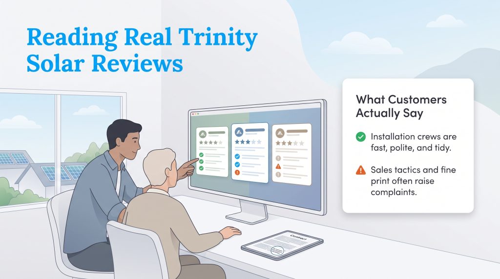 Two men look at online reviews for Trinity Solar on a computer monitor.