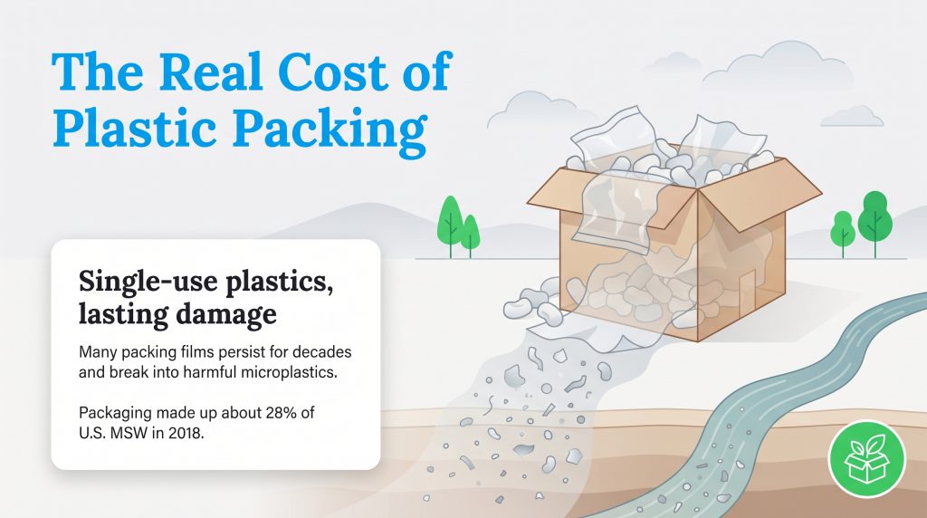 Cardboard box spilling plastic packing peanuts which degrade into microplastics in the river