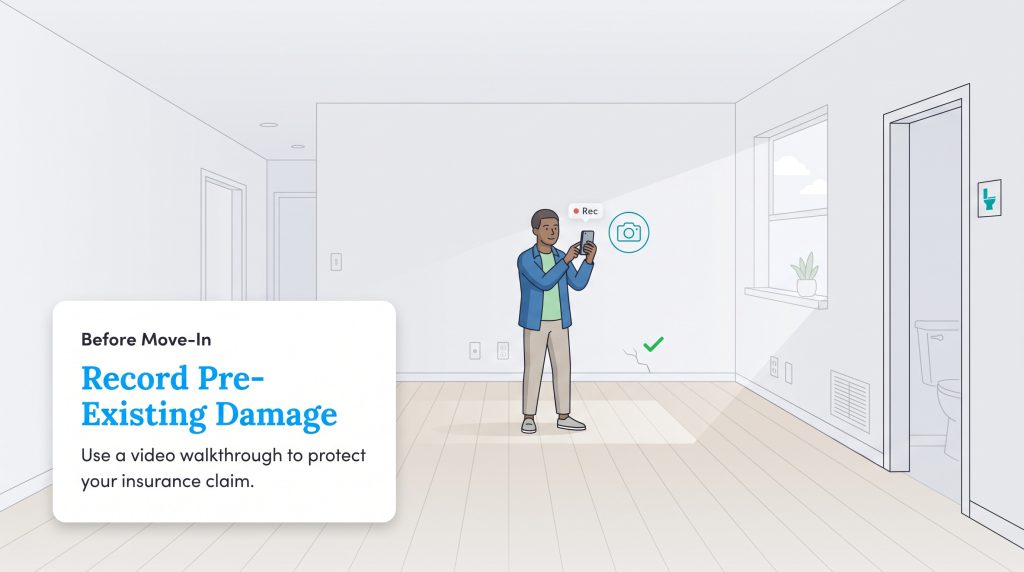 Man filming a video walkthrough of an empty room to document damage before moving in