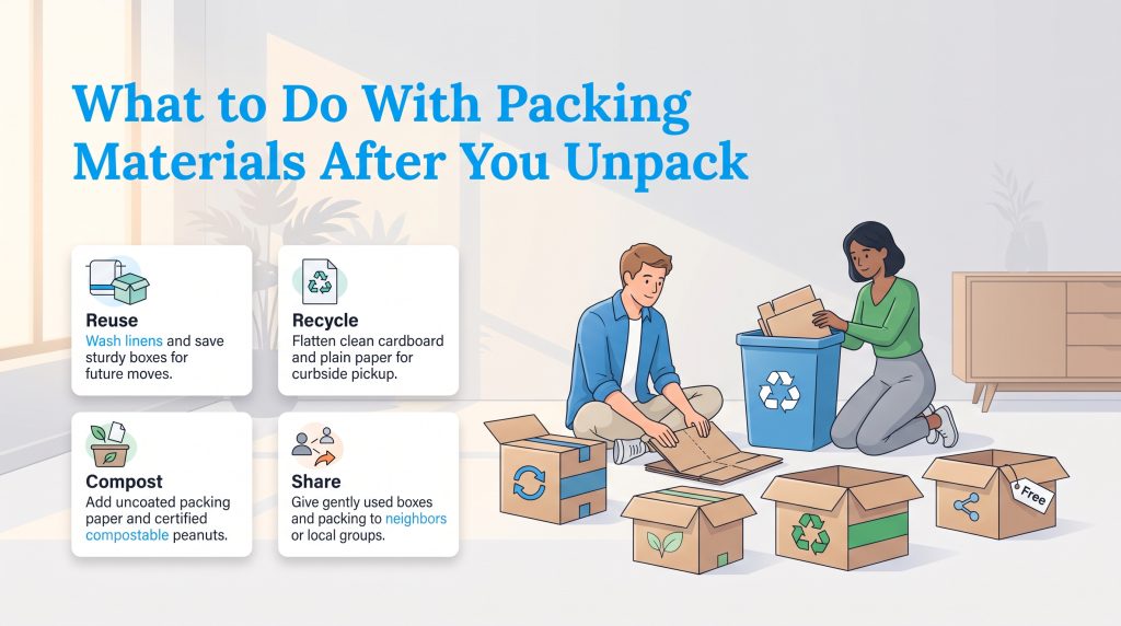 Illustration of a couple sorting moving boxes to reuse, recycle, compost, and share.