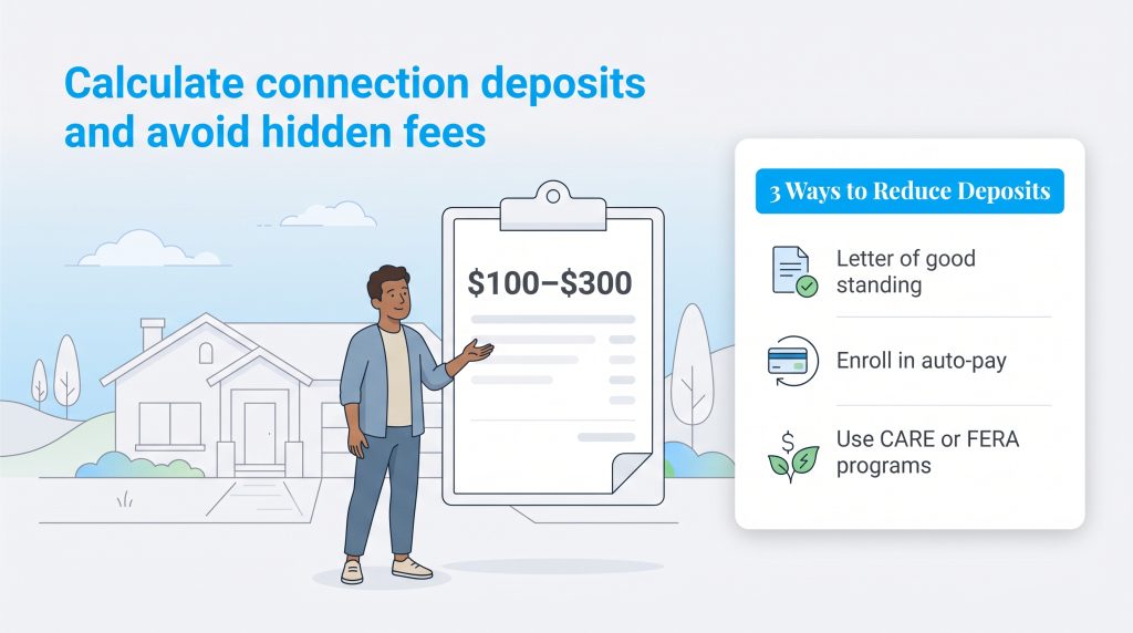 An illustration showing a man next to a house and a list of three ways to reduce utility deposits.