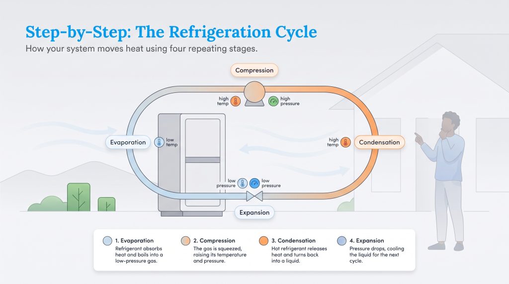 Diagram of the refrigeration cycle: evaporation, compression, condensation, and expansion