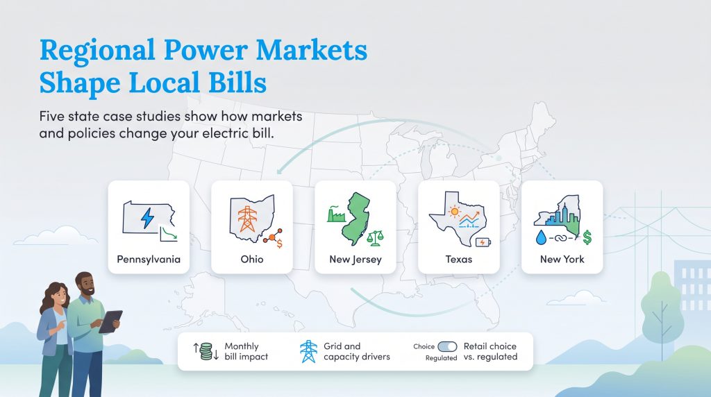 Map highlighting regional power market case studies in five US states