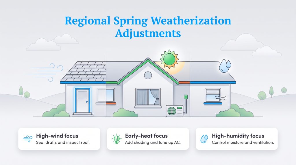Diagram of a house showing regional spring weatherization priorities for wind, heat, and humidity.