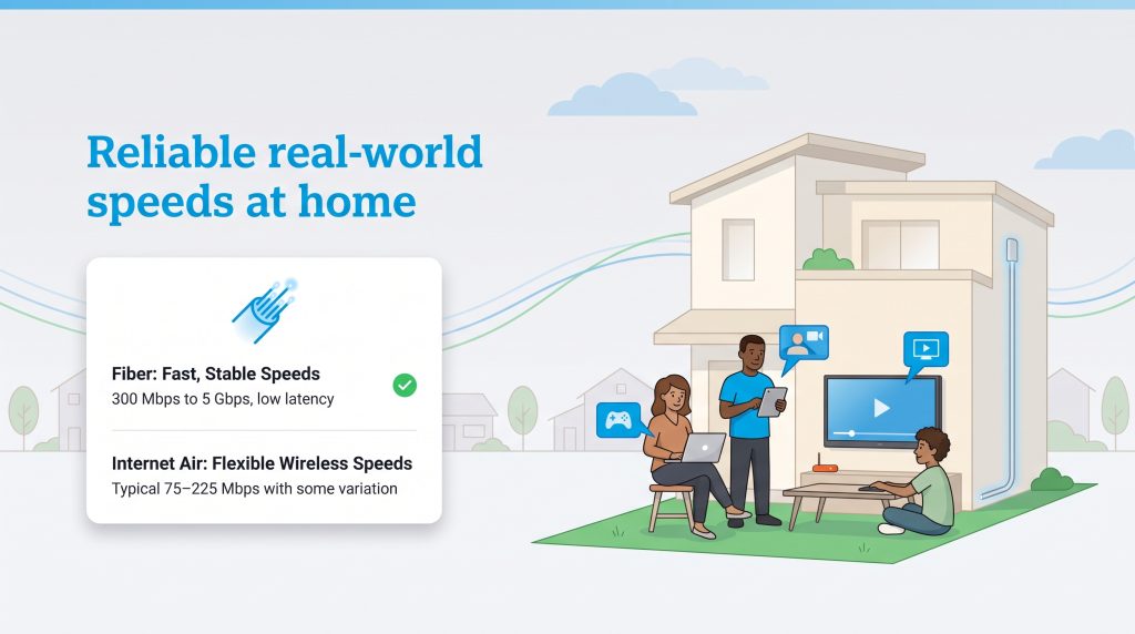 An illustration of a family using home internet with Fiber and Internet Air speed stats.