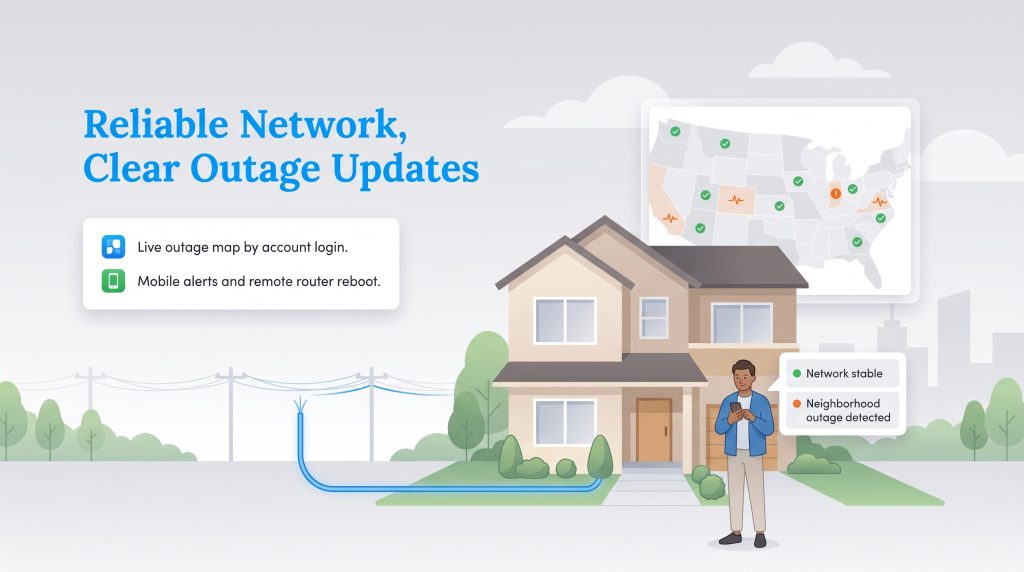 Illustration of a home connected to fiber internet with a mobile outage tracking app.