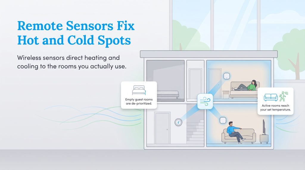 Diagram of smart sensors directing heating and cooling to occupied rooms in a house