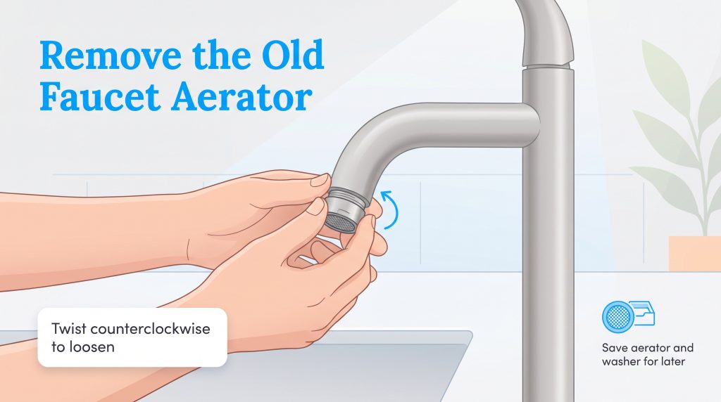 Hands twisting a faucet aerator counterclockwise to unscrew it