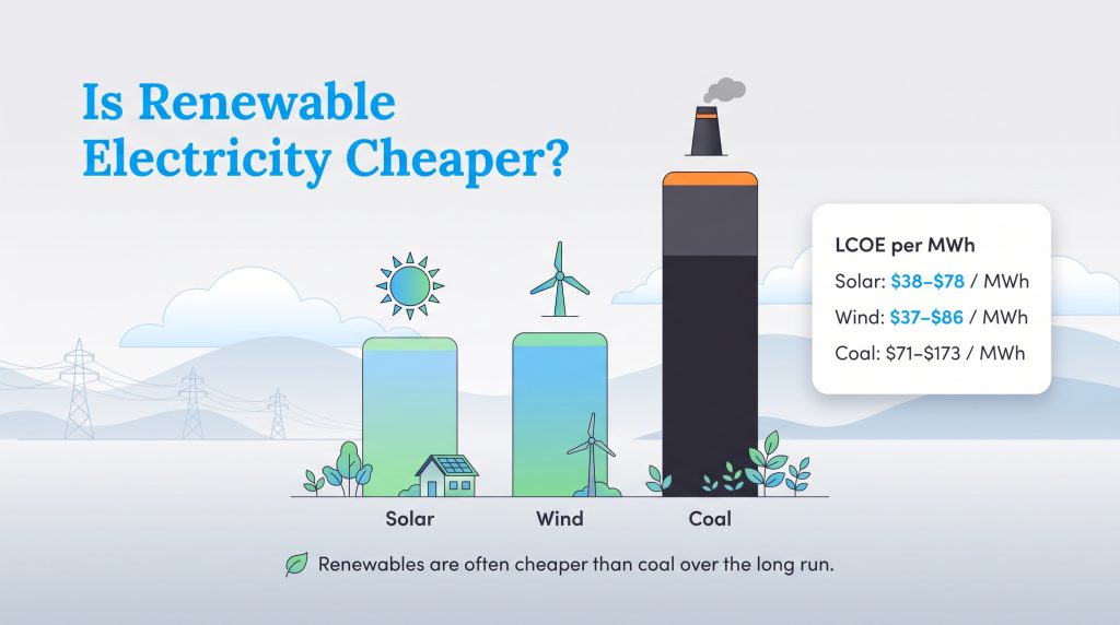 Chart comparing LCOE per MWh showing solar and wind are cheaper than coal power.