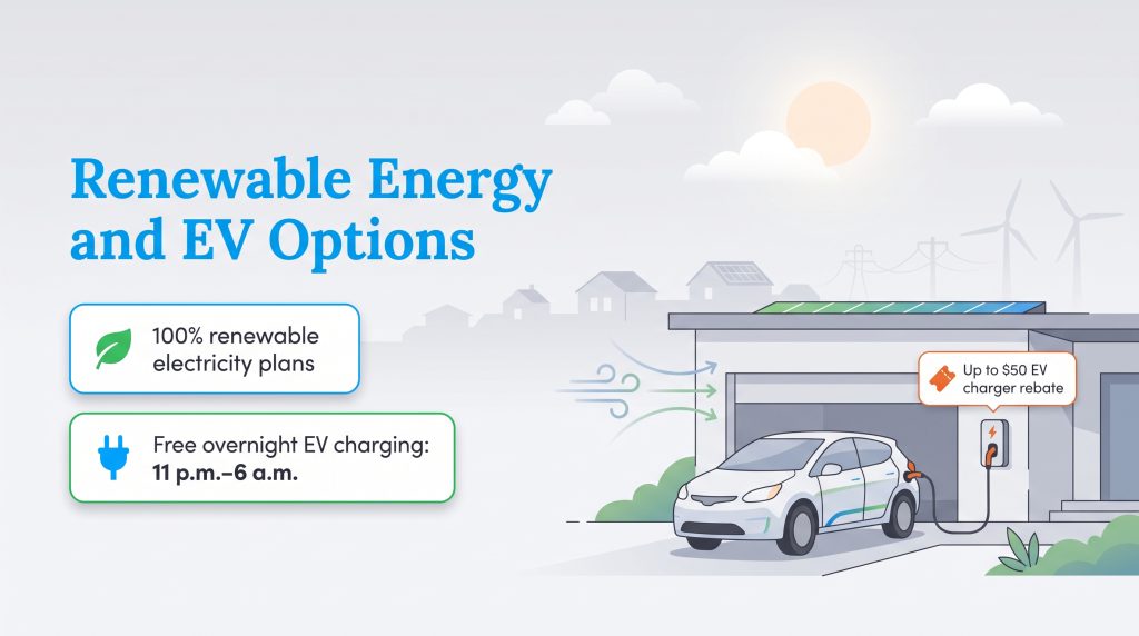Graphic highlighting renewable energy plans and free overnight EV charging benefits