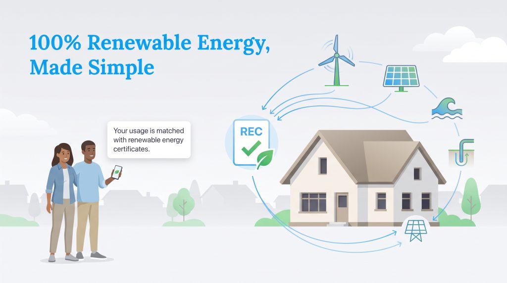 Diagram showing how home energy usage is matched with renewable energy certificates (RECs).