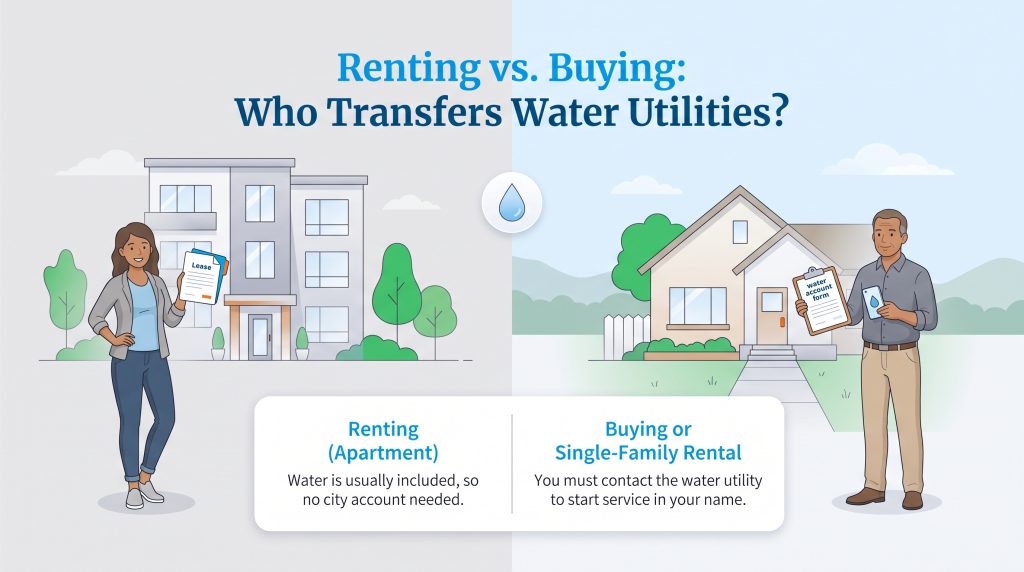 Illustration comparing water utility transfer rules for apartment renters and homebuyers.