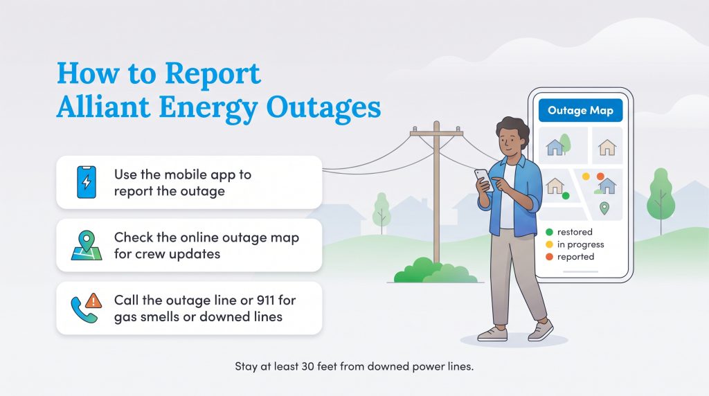 Steps to report Alliant Energy outages using their app, online map, or phone line.