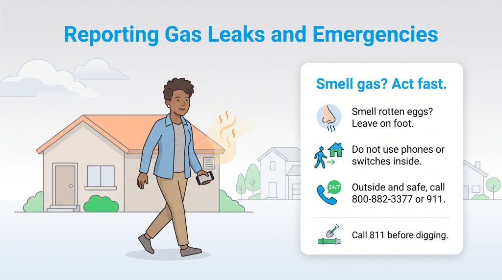 Infographic detailing steps to report a gas leak and emergency contact numbers.