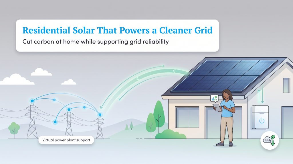 Illustration of a home solar system sharing power with a smart electrical grid.
