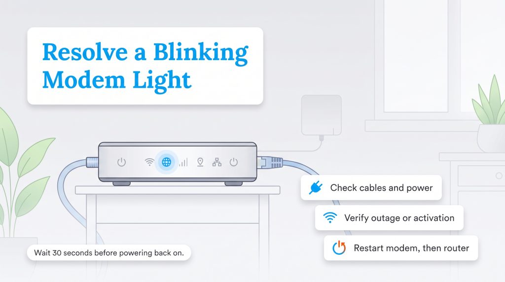 Infographic outlining steps to troubleshoot and resolve a blinking modem light