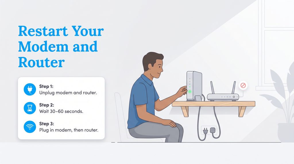 Steps to restart a modem and router by unplugging, waiting, and plugging back in.