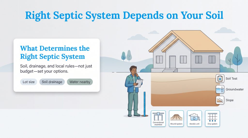 Illustration of a soil tester evaluating factors for a home septic system