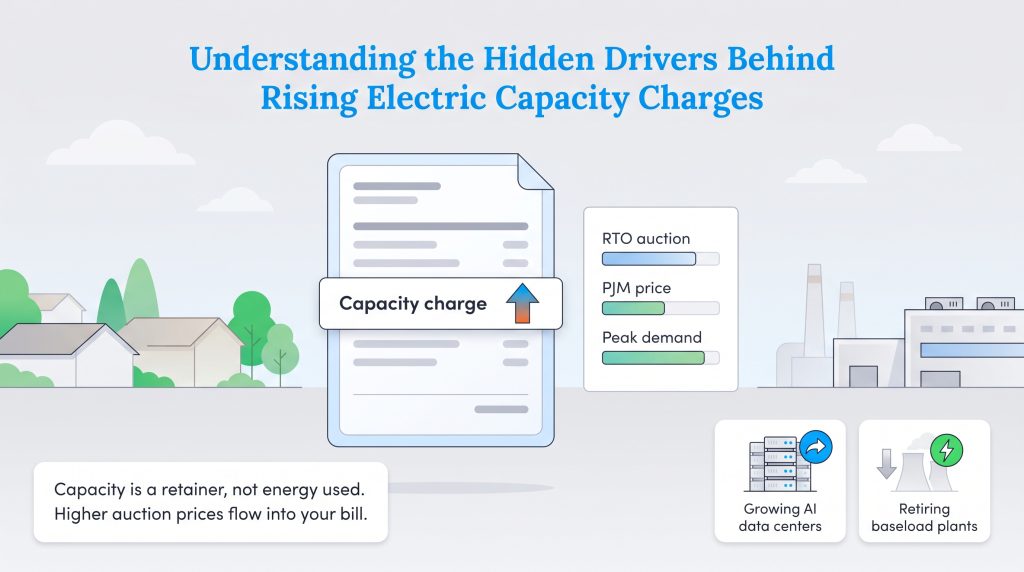 Infographic showing how data centers and plant retirements increase electric capacity charges