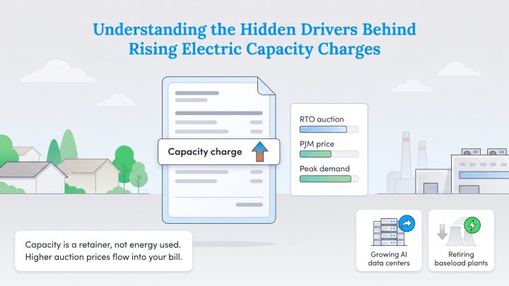 Infographic showing how data centers and plant retirements increase electric capacity charges