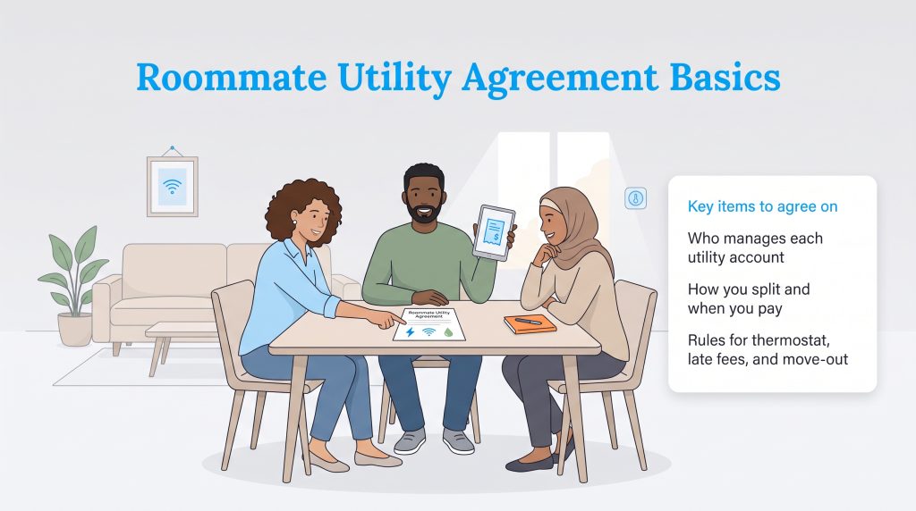 Three roommates sitting at a table discussing a roommate utility agreement