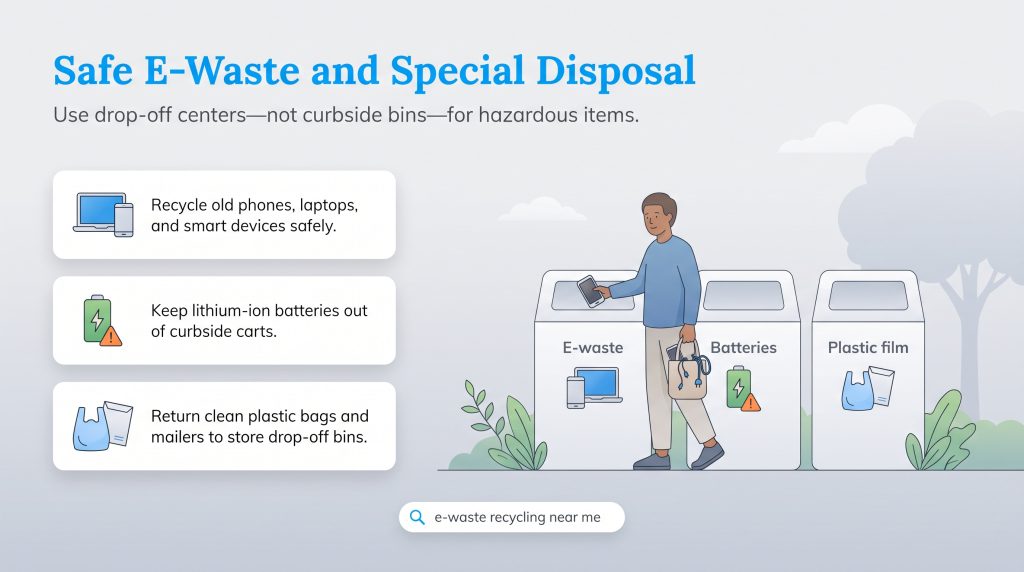 Illustration showing proper disposal of e-waste, lithium-ion batteries, and plastic film.