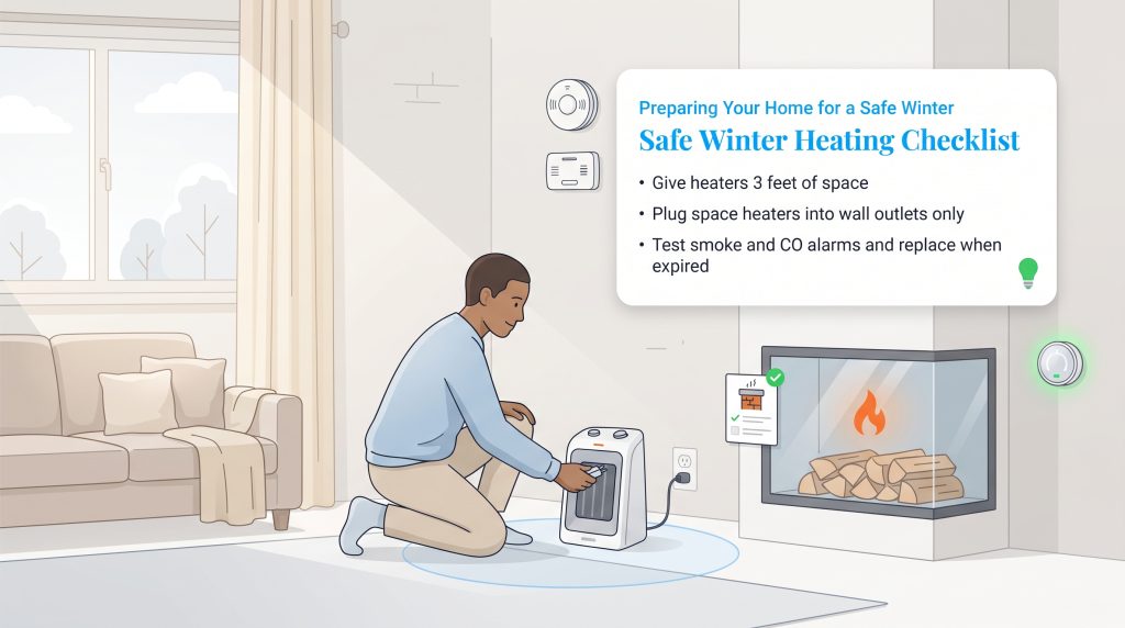 Man plugging a space heater into a wall outlet safely with a winter heating checklist.
