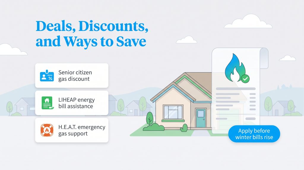Guide to gas bill savings highlighting senior discounts, LIHEAP, and emergency support