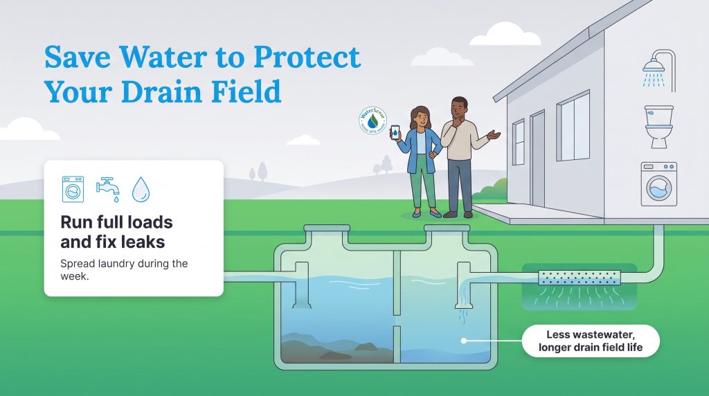 An infographic showing how household water conservation protects underground septic systems.