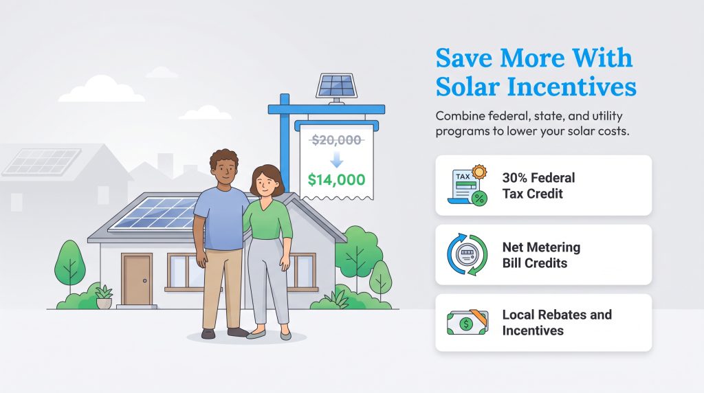 Illustration showing how solar incentives and tax credits reduce home installation costs.