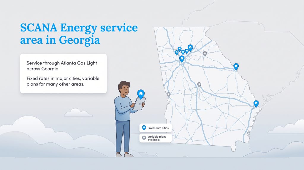 Map showing SCANA Energy service areas and plan types across Georgia.