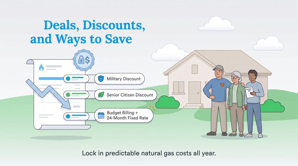 Illustration showing military, senior, and budget billing options for natural gas.