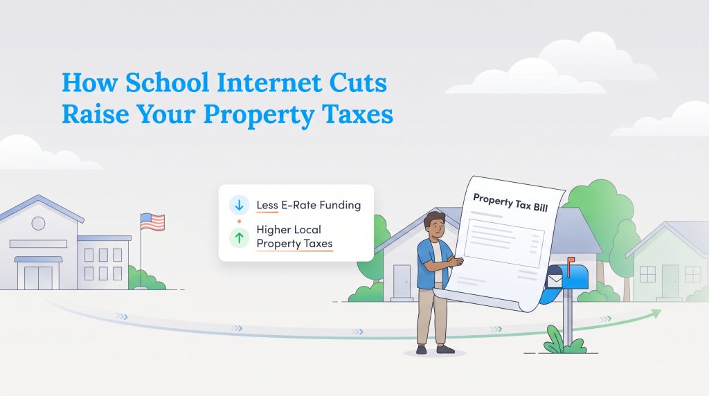 Illustration showing how reduced school E-Rate funding leads to higher local property taxes.