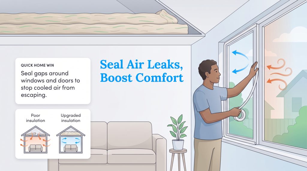 Man sealing a window with weatherstripping alongside an attic insulation comparison diagram