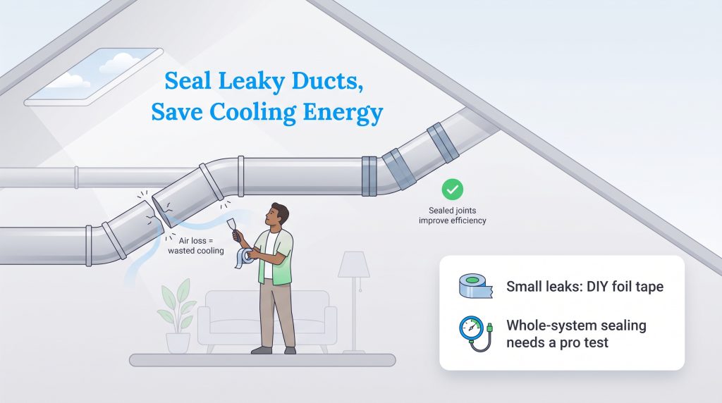 Illustration of a person sealing leaking air ducts to improve home energy efficiency.