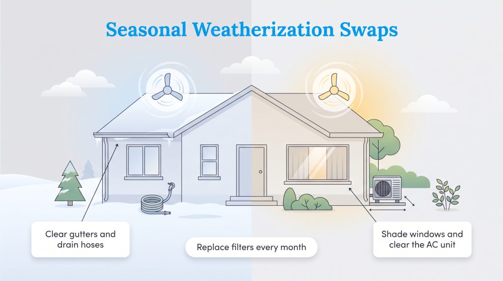 Illustration of a house split into winter and summer weatherization tasks