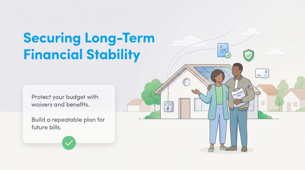 Illustration of a veteran couple standing in front of their home with a household plan