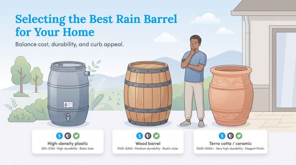 Comparison of high-density plastic, wood, and terra cotta rain barrels for homes.