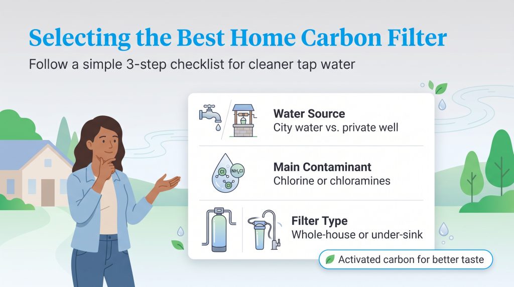 Guide showing how to select a carbon filter based on source, contaminant, and filter type.