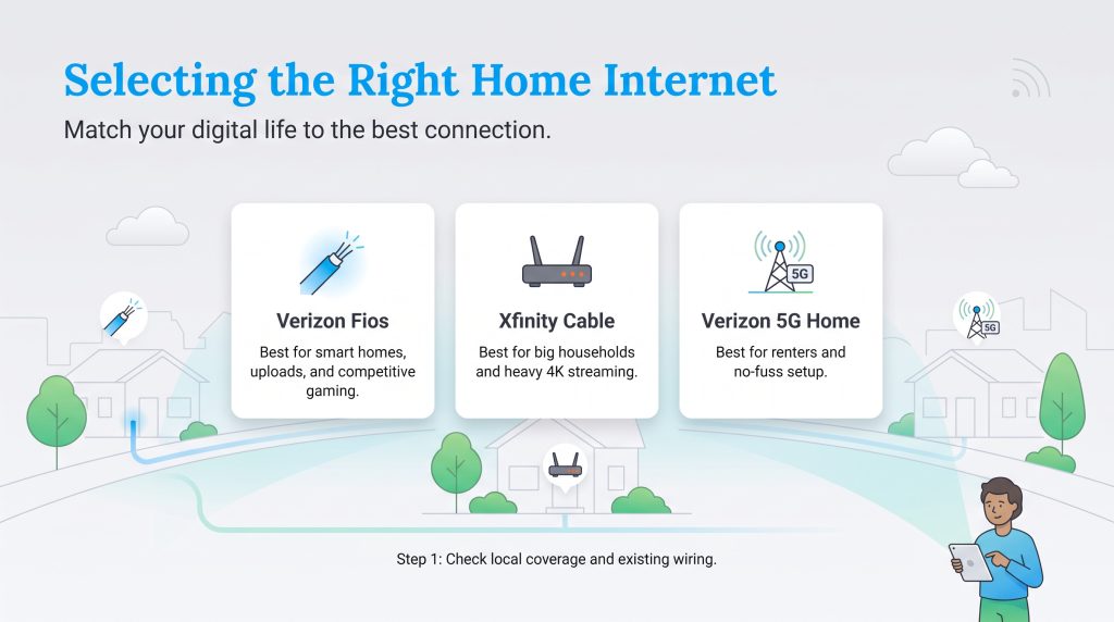 Comparison of Verizon Fios, Xfinity Cable, and Verizon 5G Home Internet options
