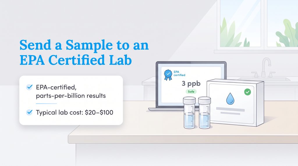 Illustration of water test vials and a laptop displaying EPA-certified lab results