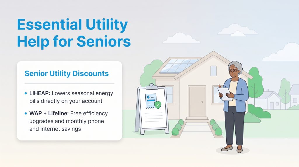 Illustration outlining essential utility assistance programs and discounts for seniors.
