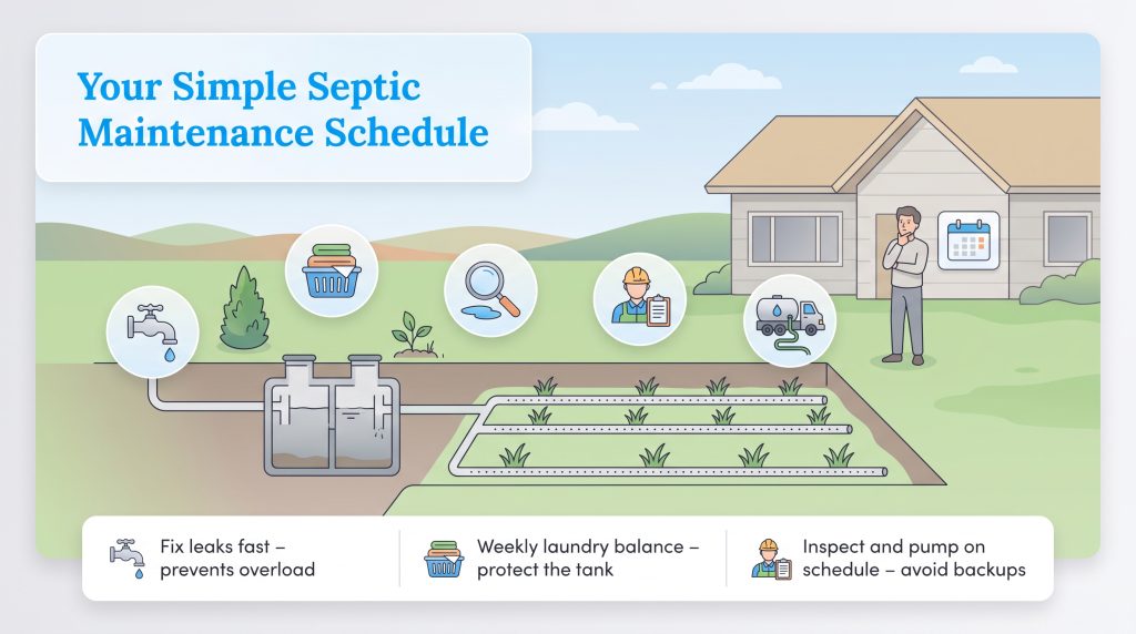 Diagram of a residential septic system with key maintenance tasks highlighted.