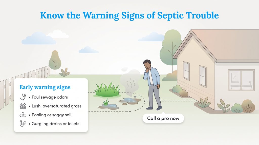 An illustration showing early warning signs of septic system failure in a residential yard.